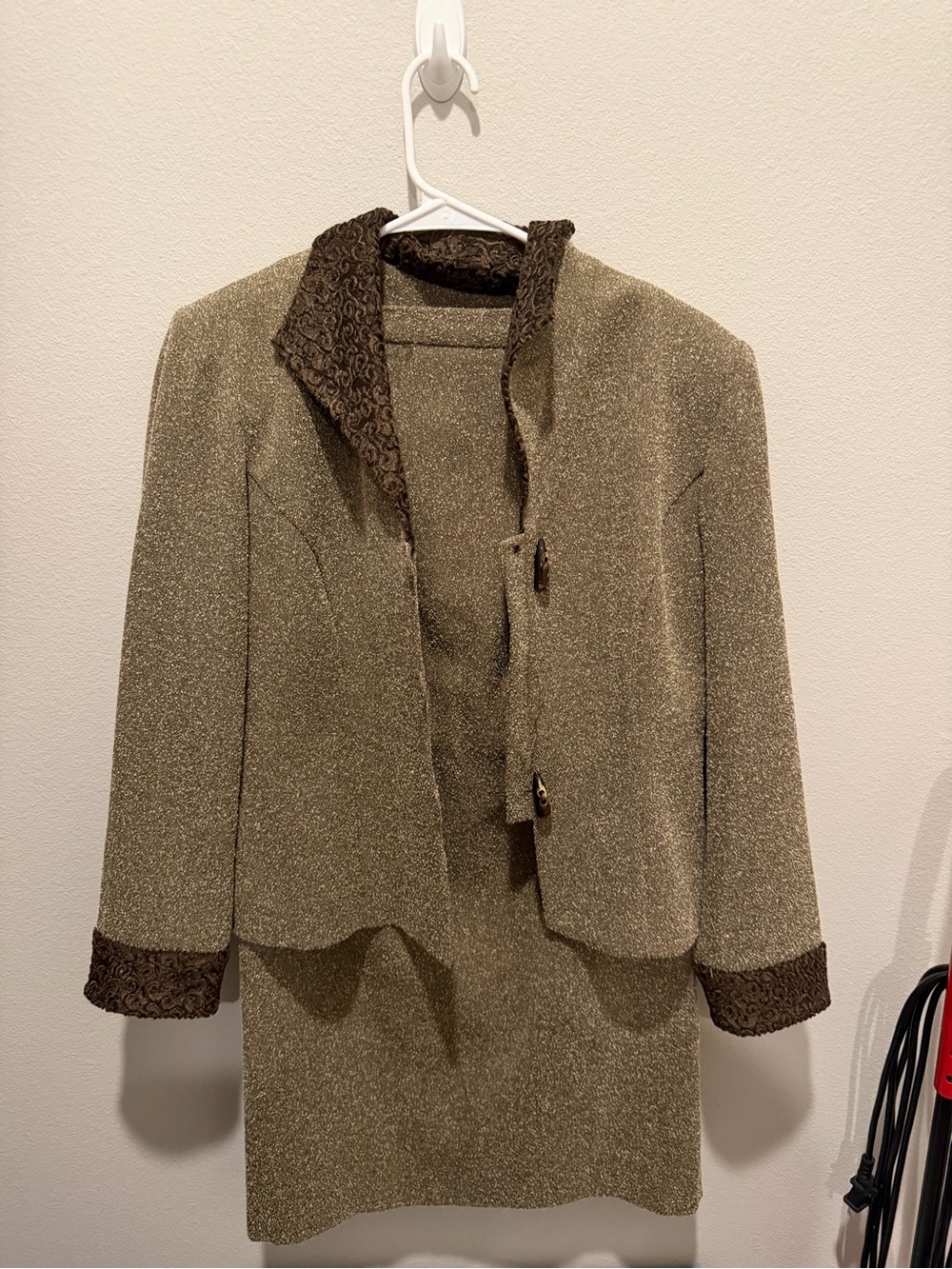 Julian Taylor Olive Metallic Two-Piece Blazer & Skirt Set (MISSING BUTTON)